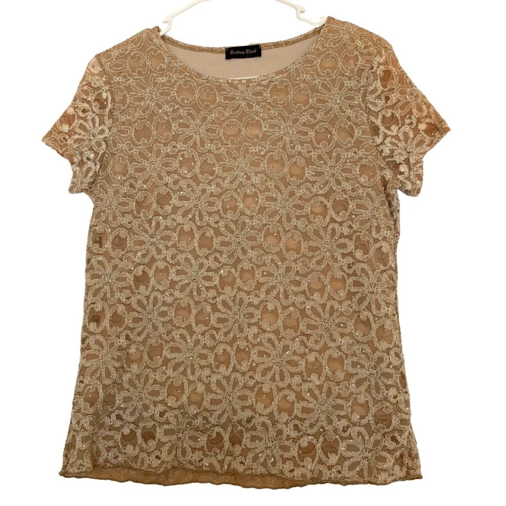 Brittany Black Beige Bling Sparkle Glittery Lace Top for Women